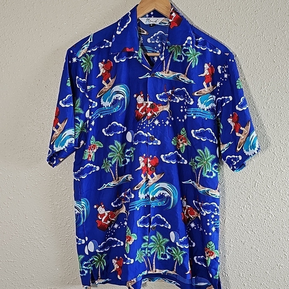 Alvish Surfing Santa Claus Short Sleeve Casual Bottom Down Hawaiian Shirt.